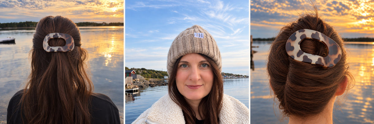 LUNA-hårklämmor och FREJA-mössa med silkesfoder vid havet